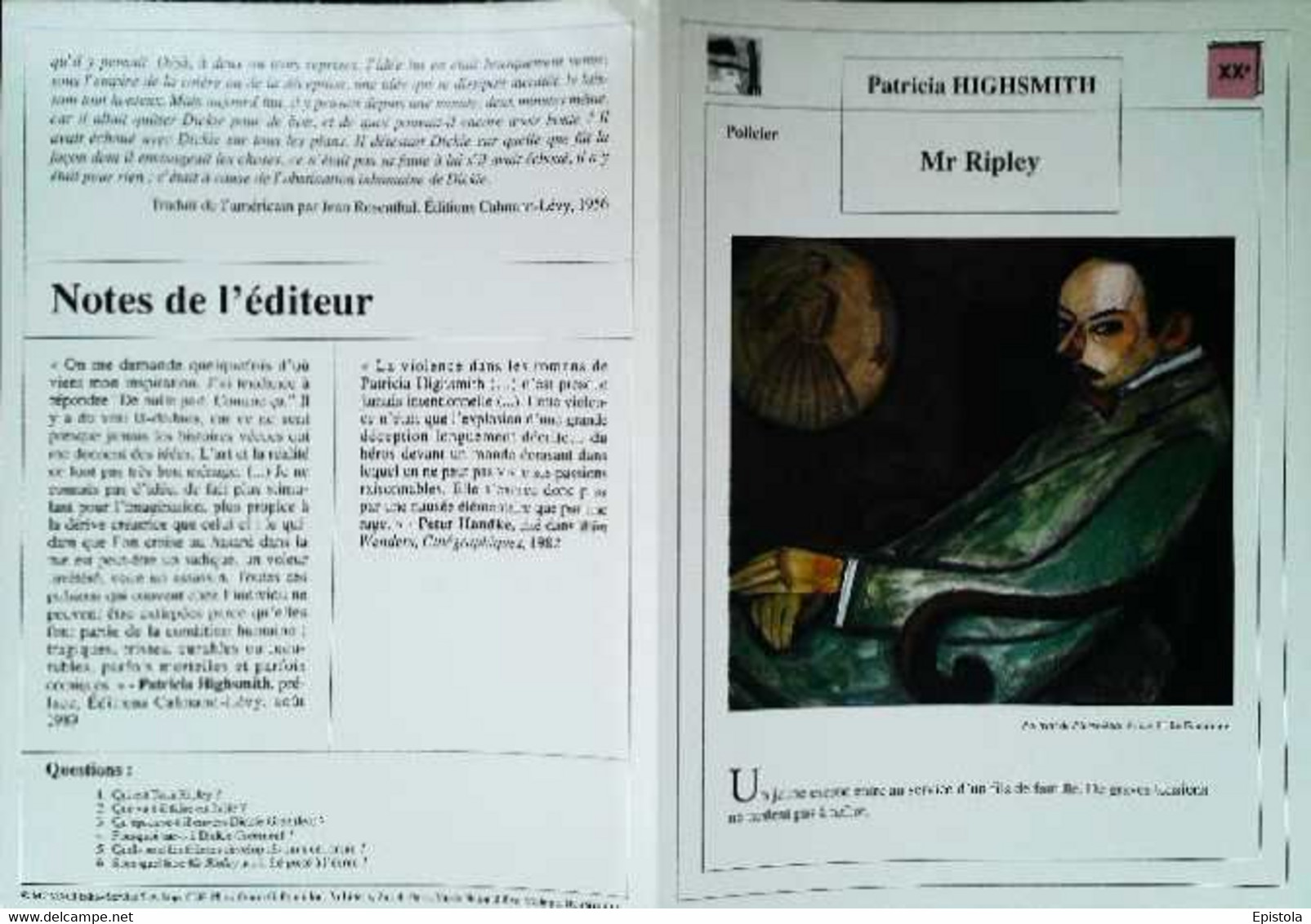 ►   Fiche   Litterature   Patricia Highsmith  Mr Ripley  Portrait De Pierre Jean Jouve H Le Fauconnier - Learning Cards