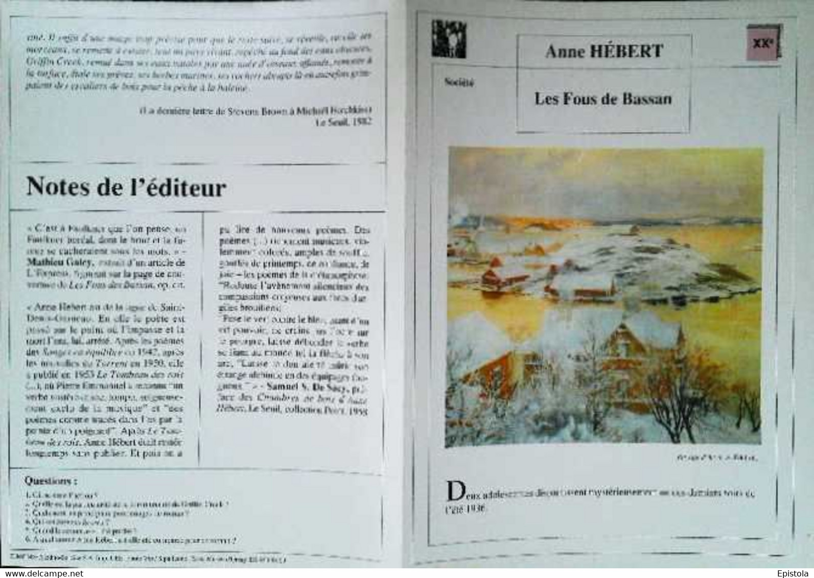 ►   Fiche   Litterature   Anne Hebert  Les Fous De Bassan  Paysage D'hiver A Edelfelt - Learning Cards