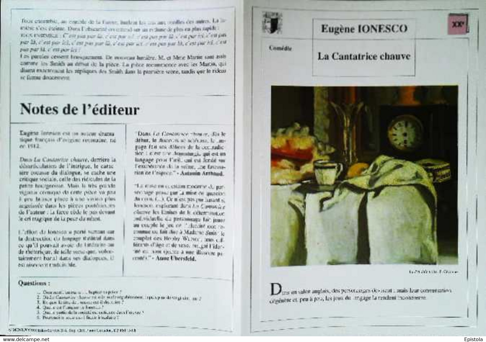 ►   Fiche   Litterature   Eugène Ionesco La Cantatrice Chauve La Pendule Noire Cézanne - Learning Cards