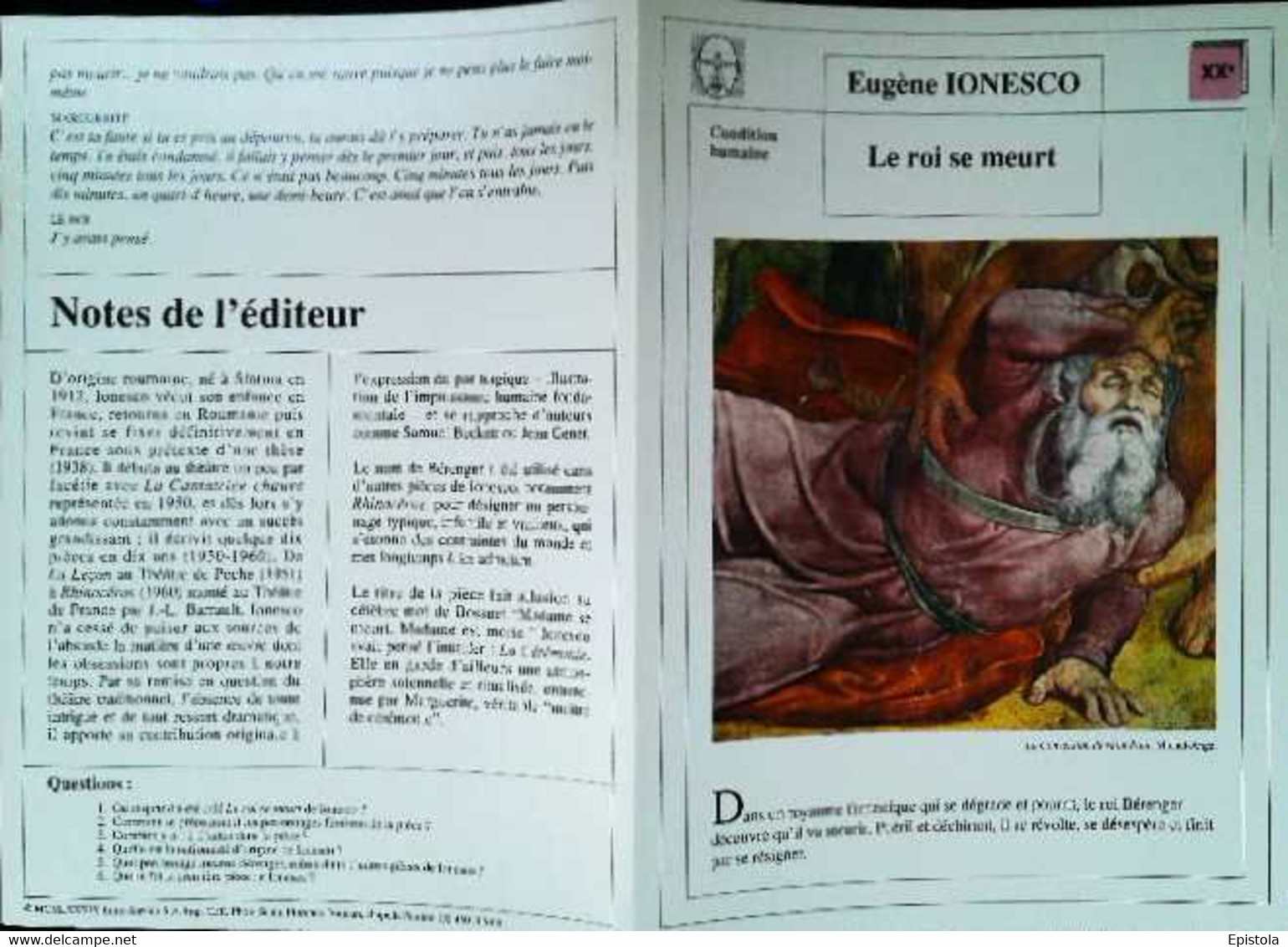 ►   Fiche   Litterature   Eugène Ionesco Le Roi Se Meurt La Conversion De Saint Paul Michel Ange - Learning Cards