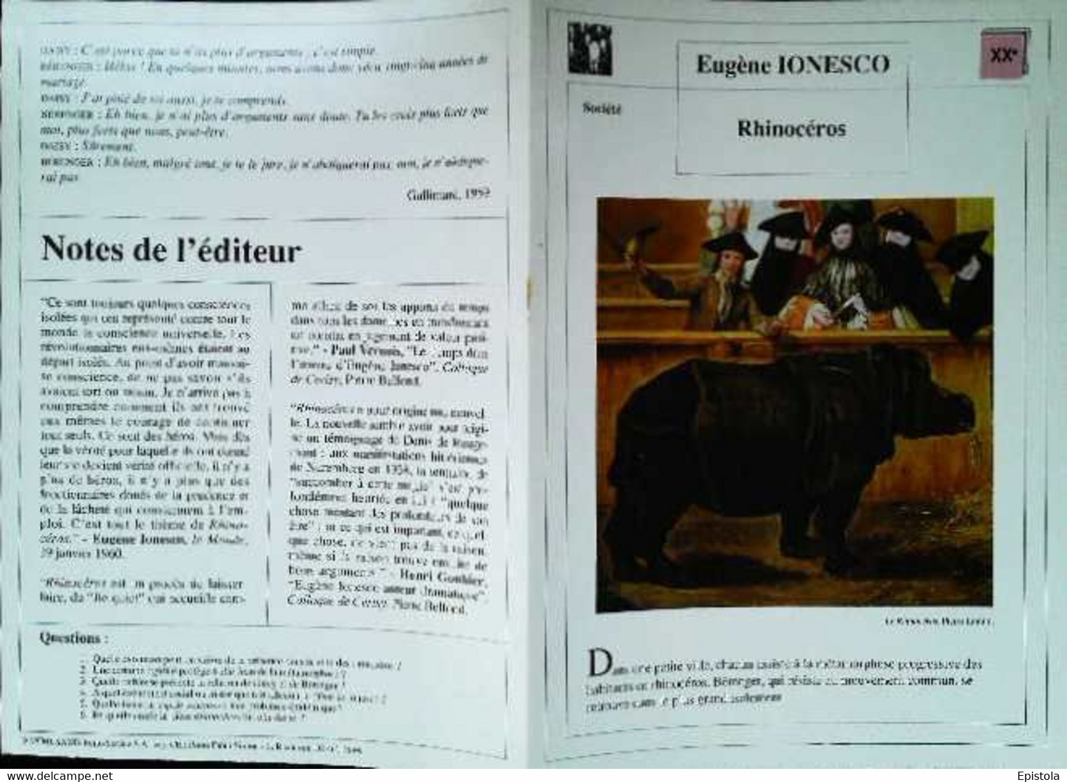 ►   Fiche   Litterature   Eugène Ionesco Rhinocéros Pietro Longhi - Learning Cards