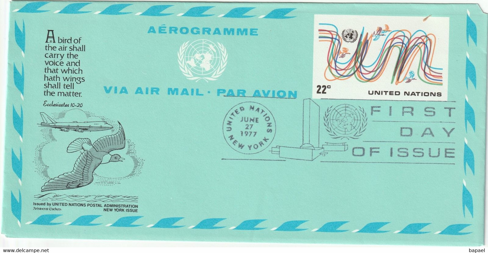 FDC - Nations Unies - Aérogramme (New-York) (27-06-1977) - Poste Aérienne
