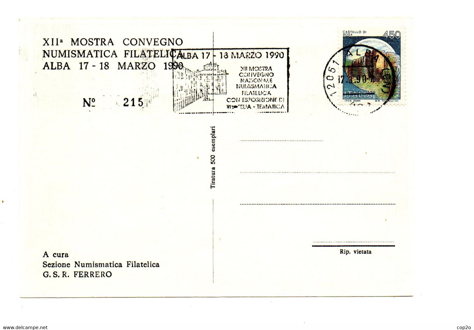 18-3-1990 XII Mostra Convegno Numismatica Filatelica- Alba (CN) - Philatelic Exhibitions