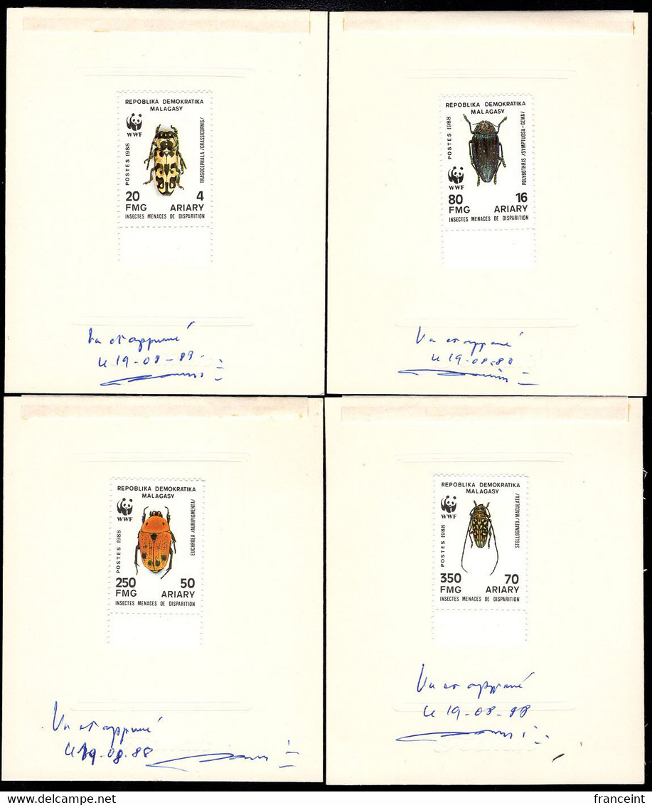 MADAGASCAR(1988) Endangered Insects. Set Of 4 Specially Perforated Proofs Mounted On Card. Scott 88407. WWF - Madagascar (1960-...)