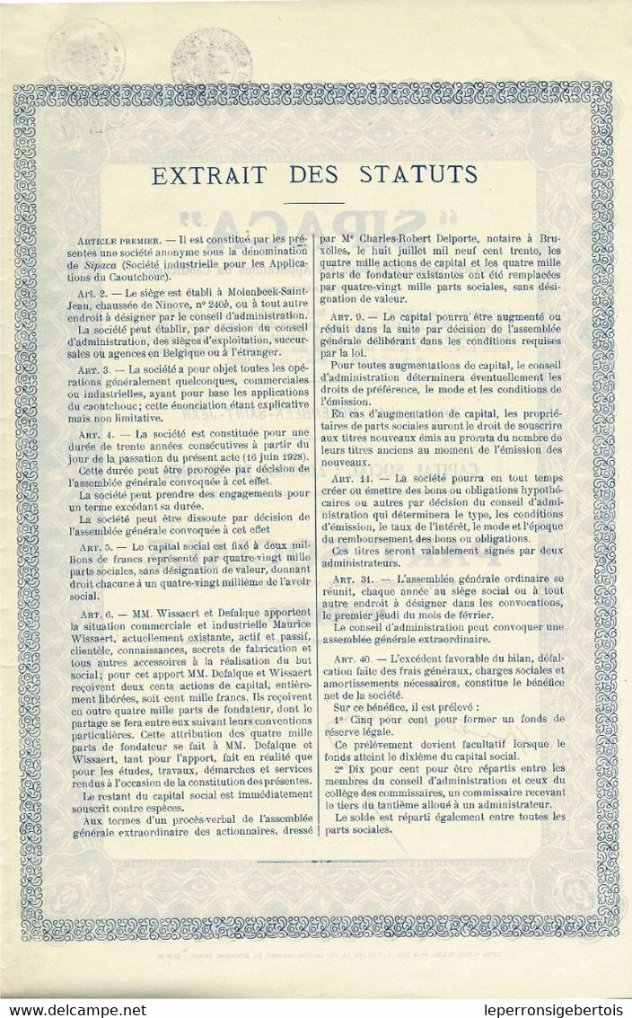 Titre De 1930 - SIPACA - Société Industrielle Pour Les Applications Du Caoutchouc - - Industrie