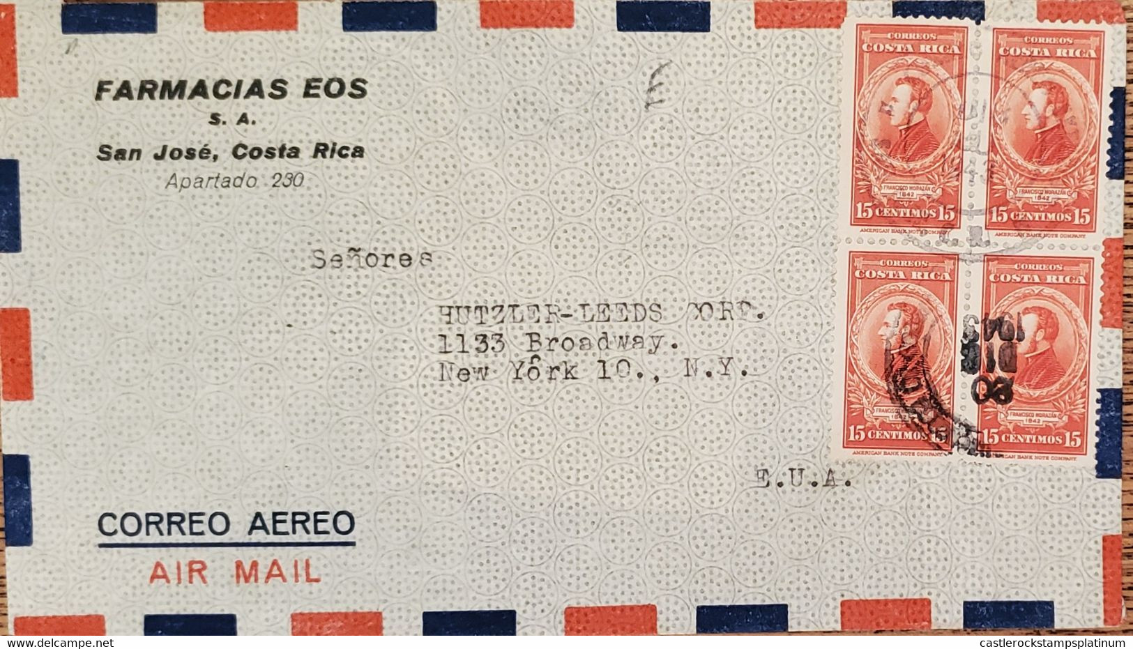 J) 1943 COSTA RICA, FRANCISCO MORAZAN, BLOCK OF 4, AIRMAIL, CIRCULATED COVER, FROM COSTA RICA TO USA - Costa Rica