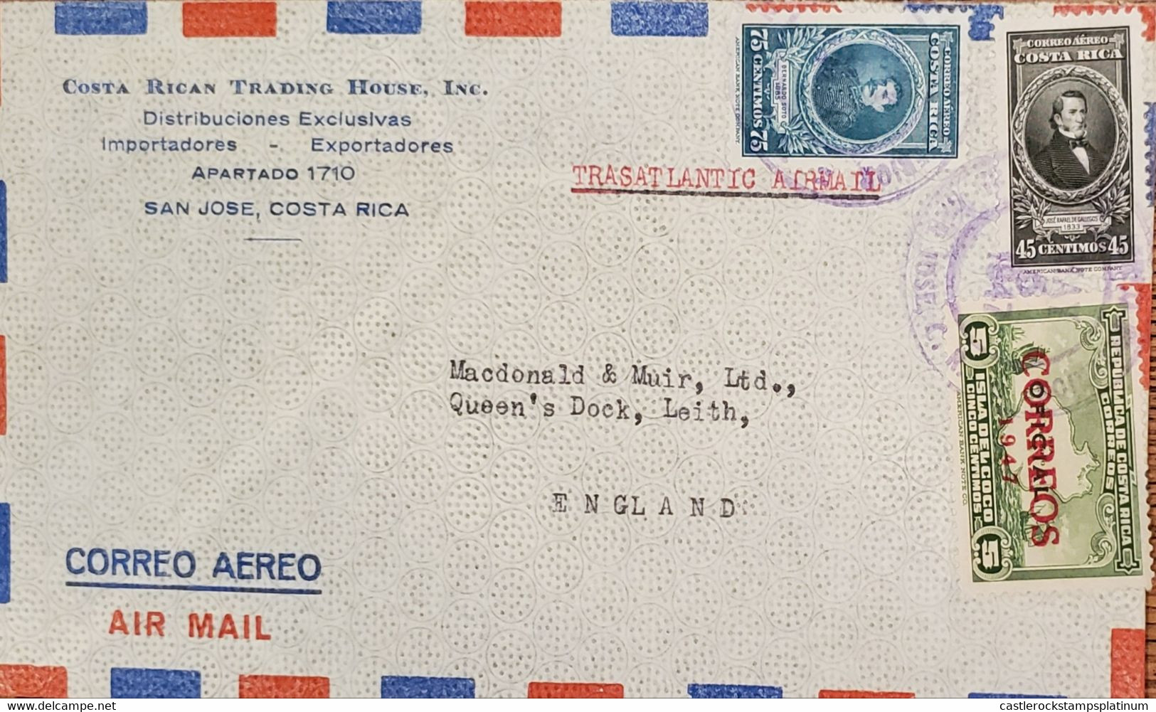 J) 1947 COSTA RICA, JOSE MANUEL DE GALLES, OFFICIAL MAP, BERNARDO SOTO, MULTIPLE STAMPS, AIRMAIL, CIRCULATED COVER, FROM - Costa Rica