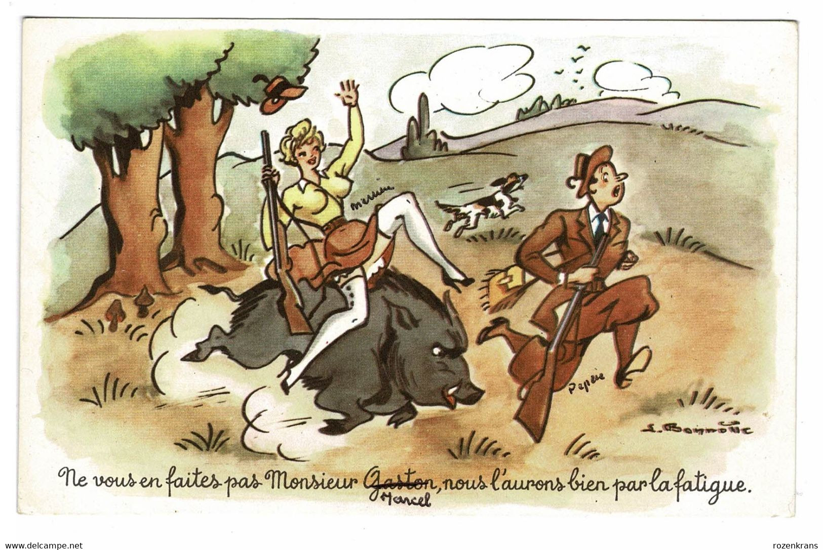 Illustrator Illustrateur Bonnotte Humor Humour Chasseur Jacht Jager Pin Up Femme CPA AK Sanglier Wild Boar Everzwijn - Bonnotte