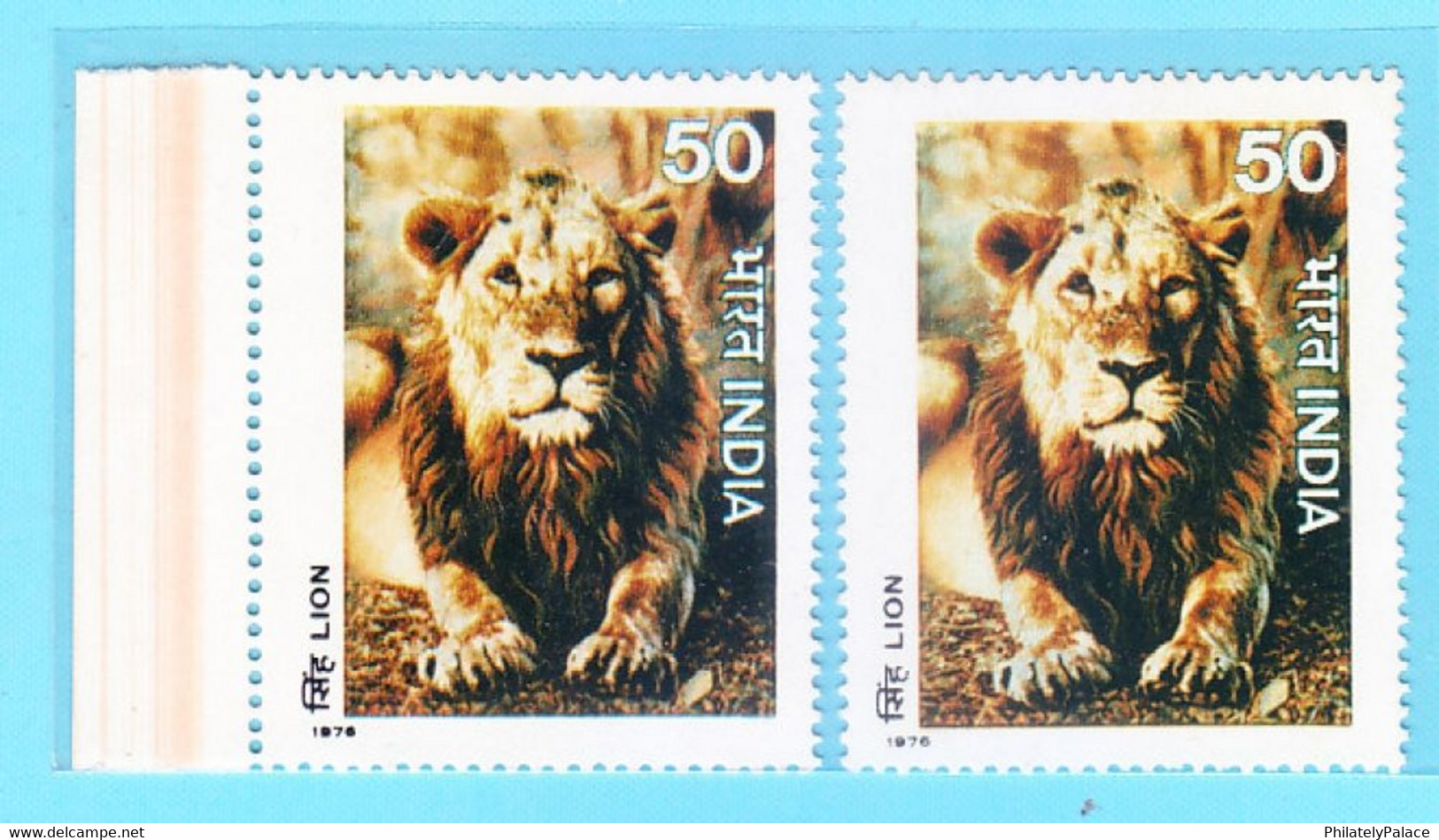 India 1976 RED COLOR BAR ON MARGIN LION - Colour Error Animal Mammal Mint 2v MNH (**) Inde Indien - Plaatfouten En Curiosa