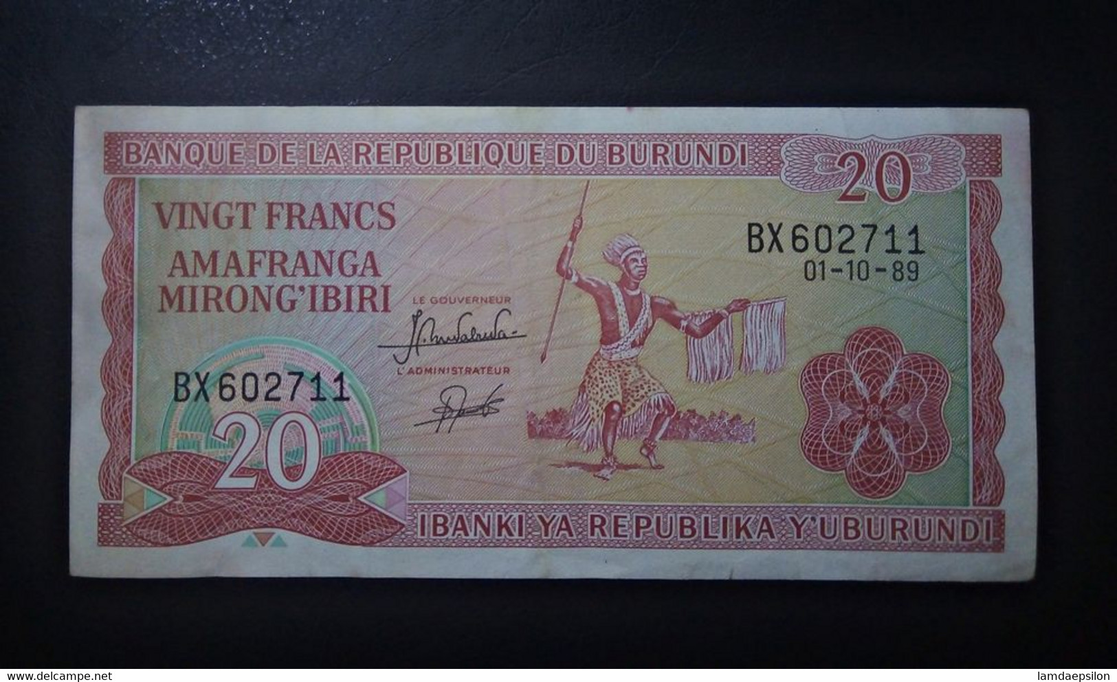 A5 BURUNDI  BILLETS DU MONDE WORLD BANKNOTES  20 FRANCS 1989 - Burundi