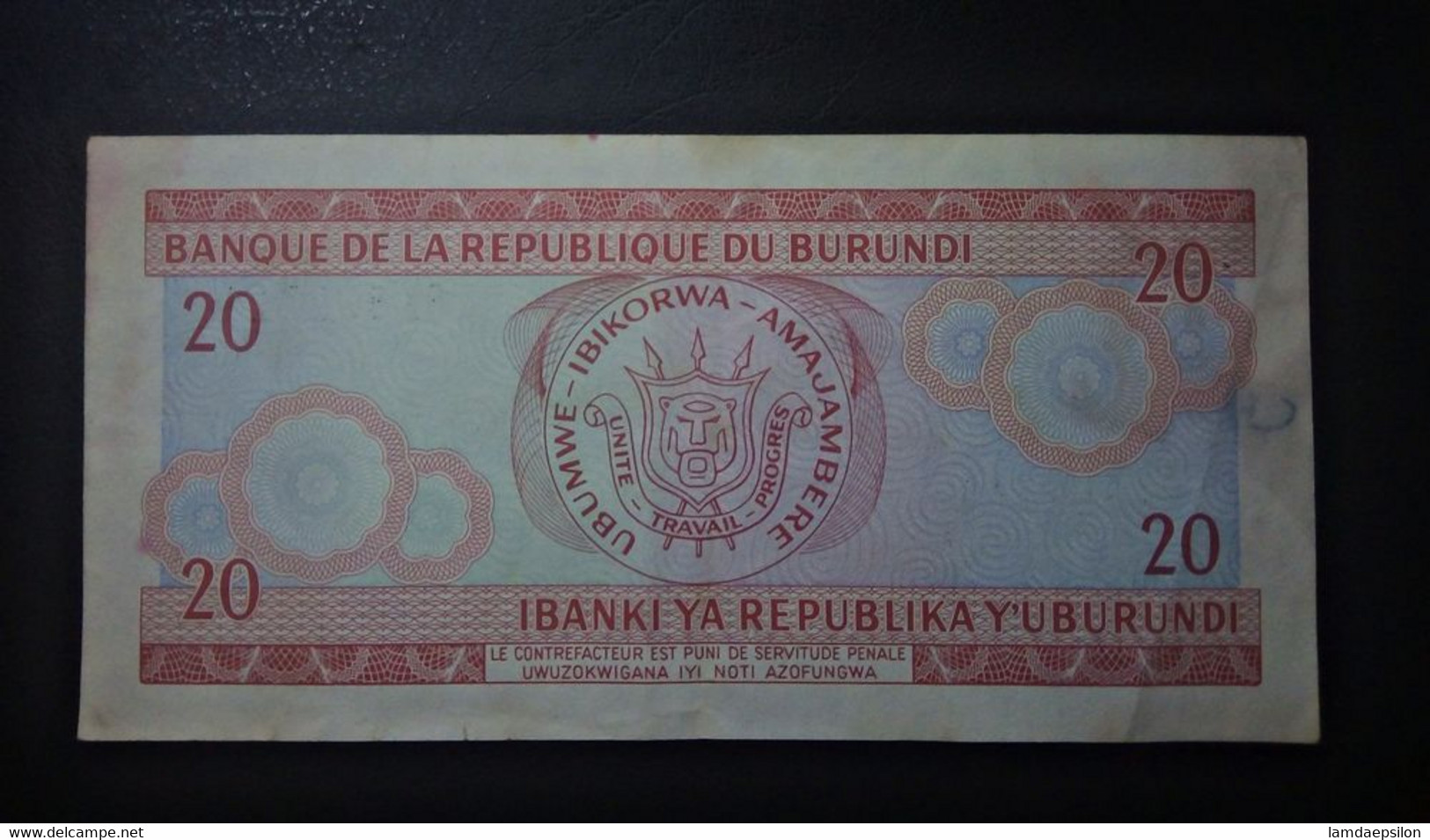 A5 BURUNDI  BILLETS DU MONDE WORLD BANKNOTES  20 FRANCS 1989 - Burundi