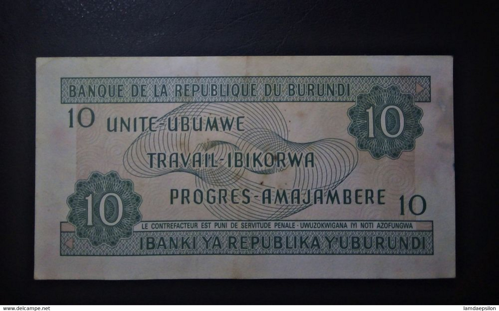 A5 BURUNDI  BILLETS DU MONDE WORLD BANKNOTES  10 FRANCS 1991 - Burundi