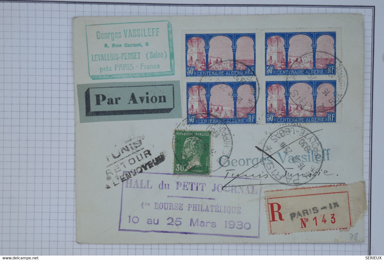 BB12 FRANCE BELLE  LETTRE PAR AVION EN RECOM.  1930 PARIS POUR LA TUNISIE +RETOUR++BLOC DE 4 TP+AERIEN+  AFFR.PLAISANT - 1927-1959 Lettres & Documents