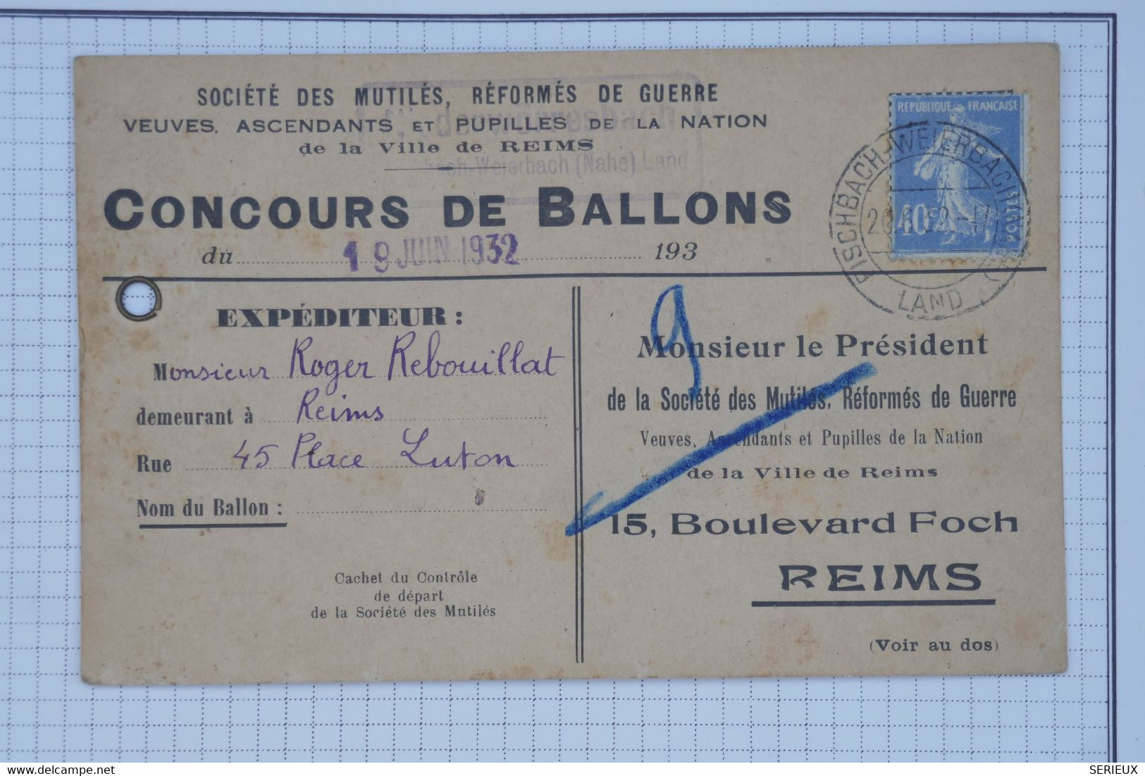 BB12 FRANCE BELLE CARTE  LETTRE CURIOSITé RARE 1932 CONCOURT DE BALLONS QUI ATERRI A EISSCBACH GERMANY+ AFFRANC.MIXTE++ - 1927-1959 Lettres & Documents