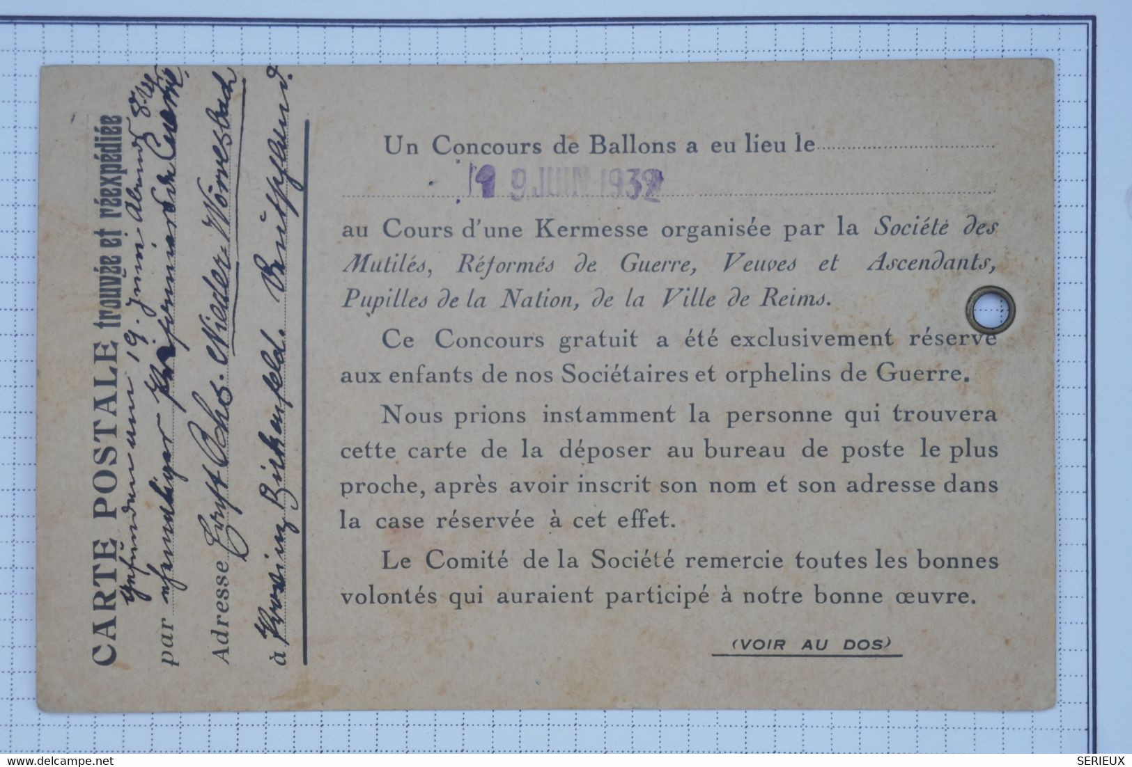 BB12 FRANCE BELLE CARTE  LETTRE CURIOSITé RARE 1932 CONCOURT DE BALLONS QUI ATERRI A EISSCBACH GERMANY+ AFFRANC.MIXTE++ - 1927-1959 Lettres & Documents