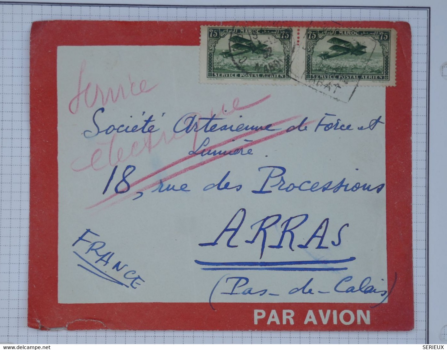 BB12 MAROC BELLE LETTRE  1932 PAR AVION RABAT A ARRAS FRANCE+PAIRE DE TP+ AFFRANC. INTERESSANT - Luftpost