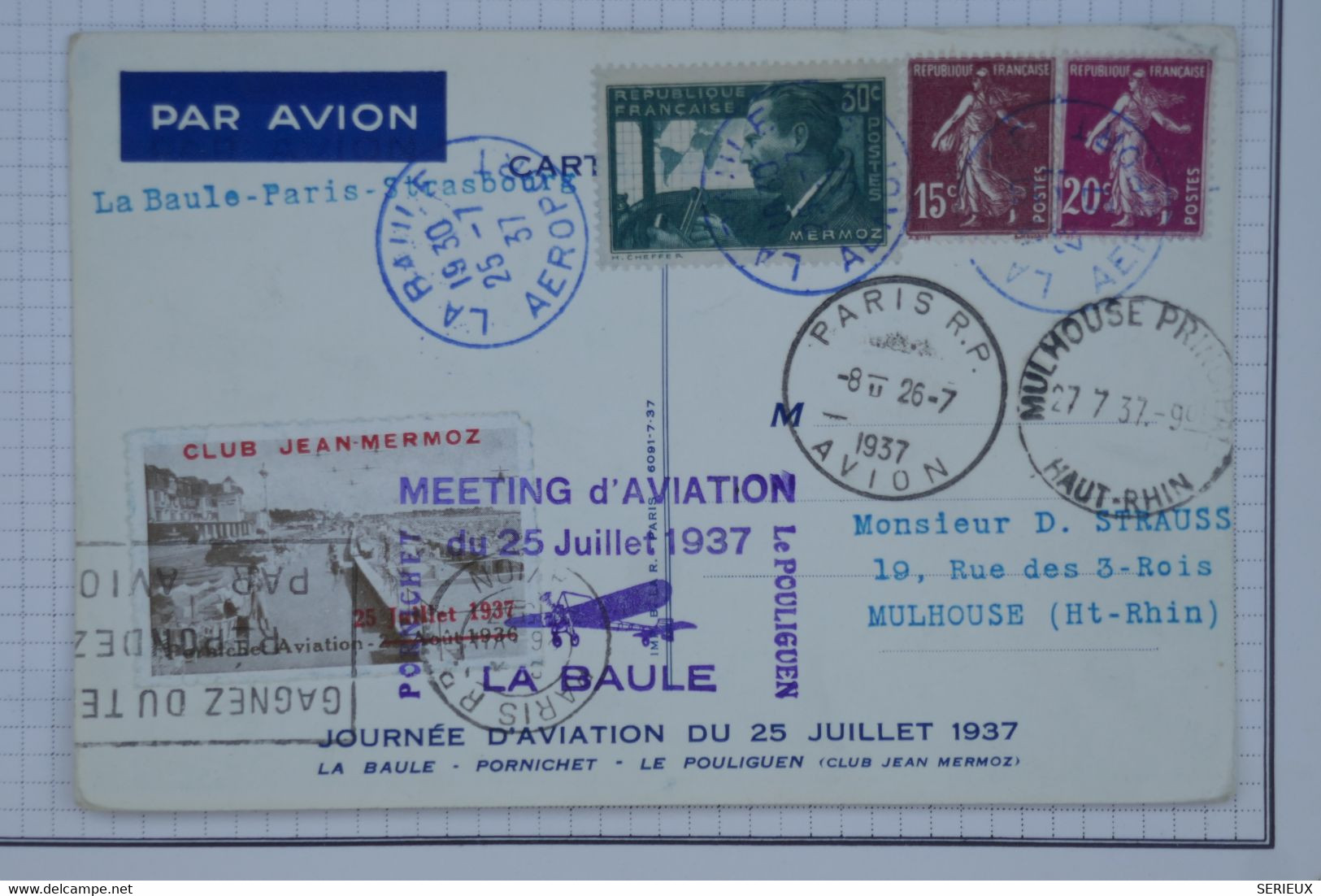 BB12 FRANCE BELLE  LETTRE  25 07  1937 MEETING LA BAULE   POUR MEILHAN LOT++VIGNETTE MERMOZ++ AFFRANC. PLAISANT - 1927-1959 Lettres & Documents