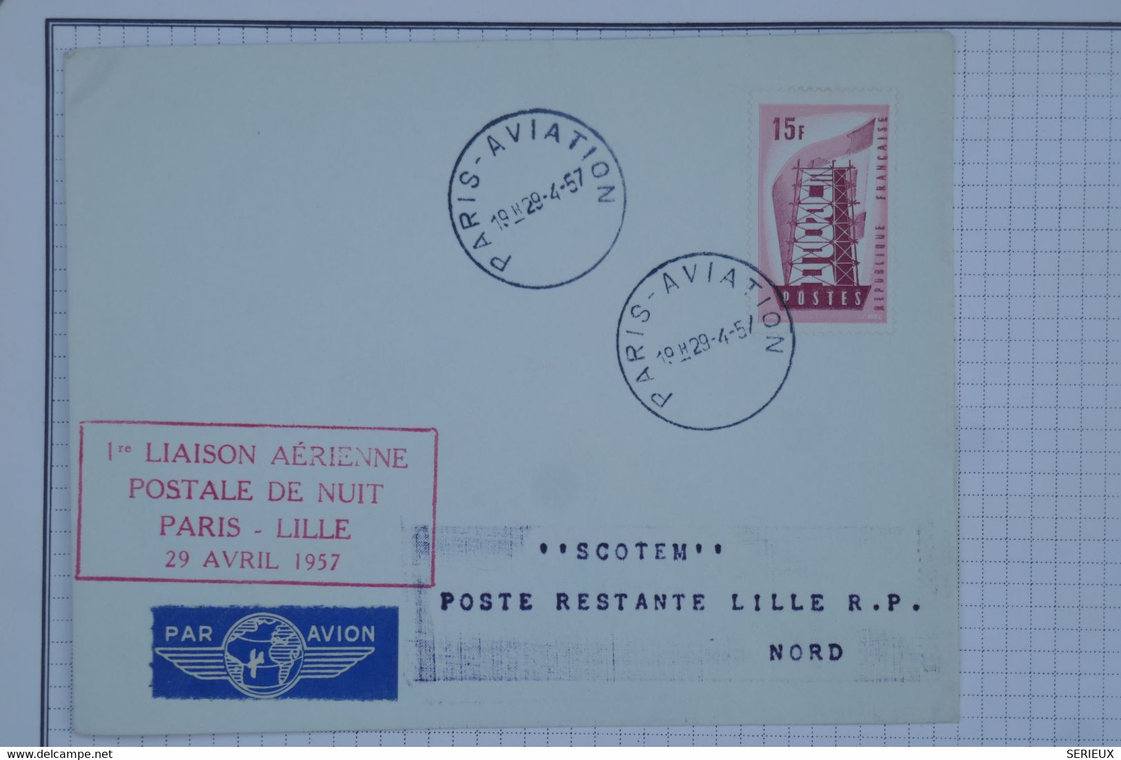 BB12 FRANCE BELLE CARTE   1957 1ER VOL NUIT PARIS  LILLE+TP EUROPA+AFFRANCH. PLAISANT - 1927-1959 Lettres & Documents