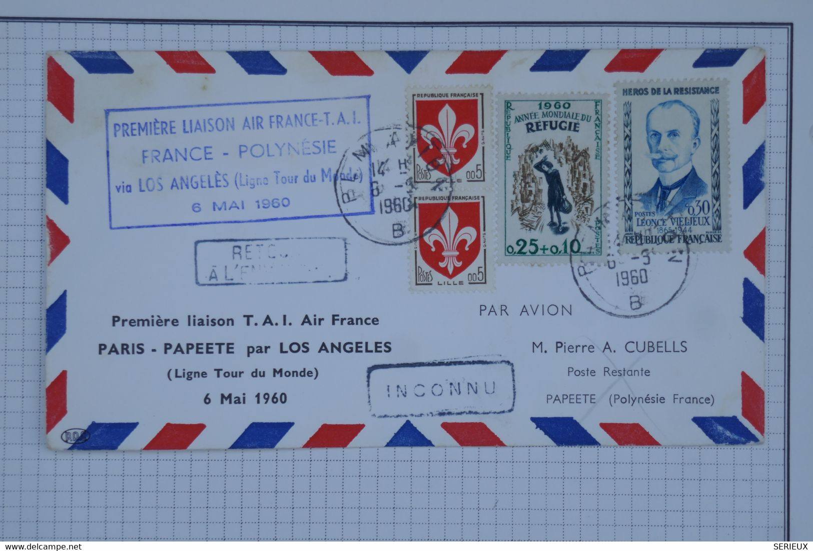 BB12 FRANCE BELLE LETTRE  1960 1ER VOL  PARIS POLYNESIE VIA L. A  USA POUR PAPEETE+AFFRANCH. PLAISANT - 1927-1959 Lettres & Documents