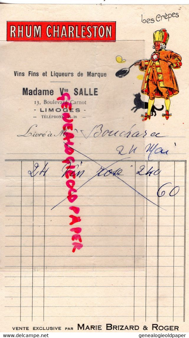 87- LIMOGES- FACTURE MADAME VEUVE SALLE- 13 BOULEVARD CARNOT- RHUM CHARLESTON - MARIE BRIZARD & ROGER - CREPES - Alimentaire
