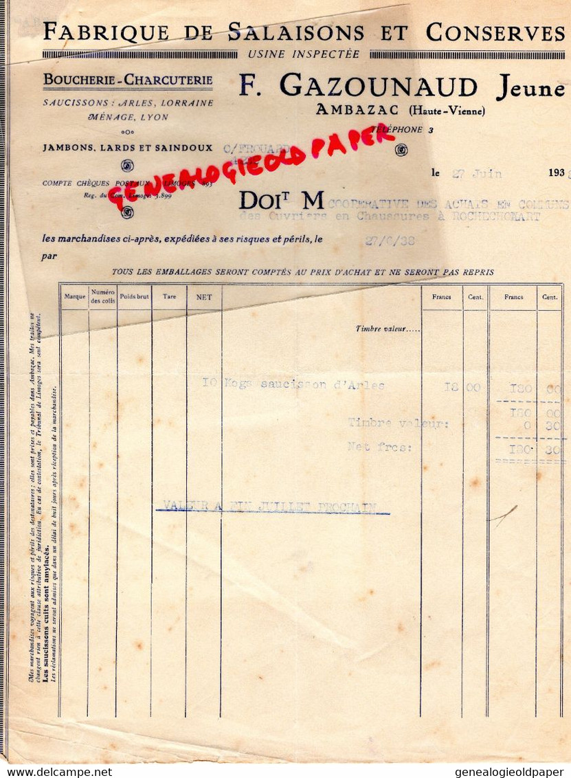 87- AMBAZAC - RARE FACTURE F. GAZOUNAUD JEUNE- FABRIQUE SALAISONS CONSERVES- BOUCHERIE CONSERVERIE-1938 - Food