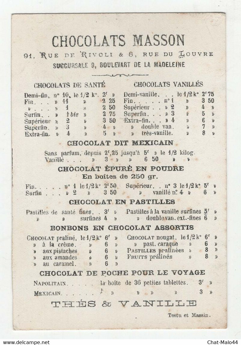 Chocolats Masson, Paris. Vignette Acacia Sagesse. Vignette Publicitaire Cartonnée En Couleurs De 7,5 Cm X 11 Cm - Chocolat