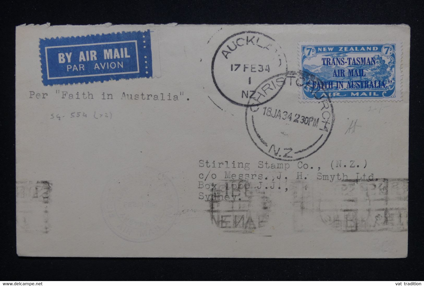 NOUVELLE ZÉLANDE - Enveloppe De Auckland Pour Sydney Par Avion Via Christchurch En 1934, Affranchissement PA - L 129258 - Storia Postale