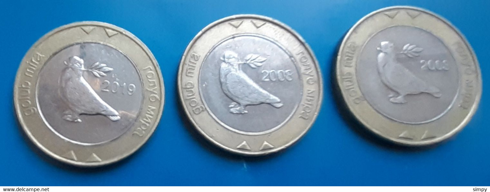 BOSNIA & HERZEGOVINA 2 Konvertibile Marke 2003, 2008, 2019 Pigeon Dove Bimetal Coins - Bosnia And Herzegovina