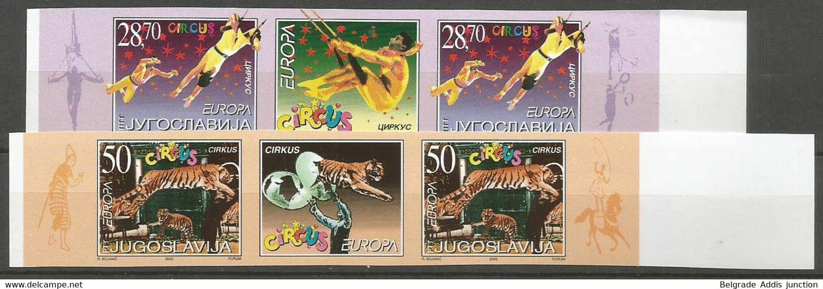 Yugoslavia ERROR Mi.3076/77 In Strips Of 3 With Label IMPERFORATED PROOF On Issued Paper MNH / ** 2002 Europa Circus - Non Dentelés, épreuves & Variétés