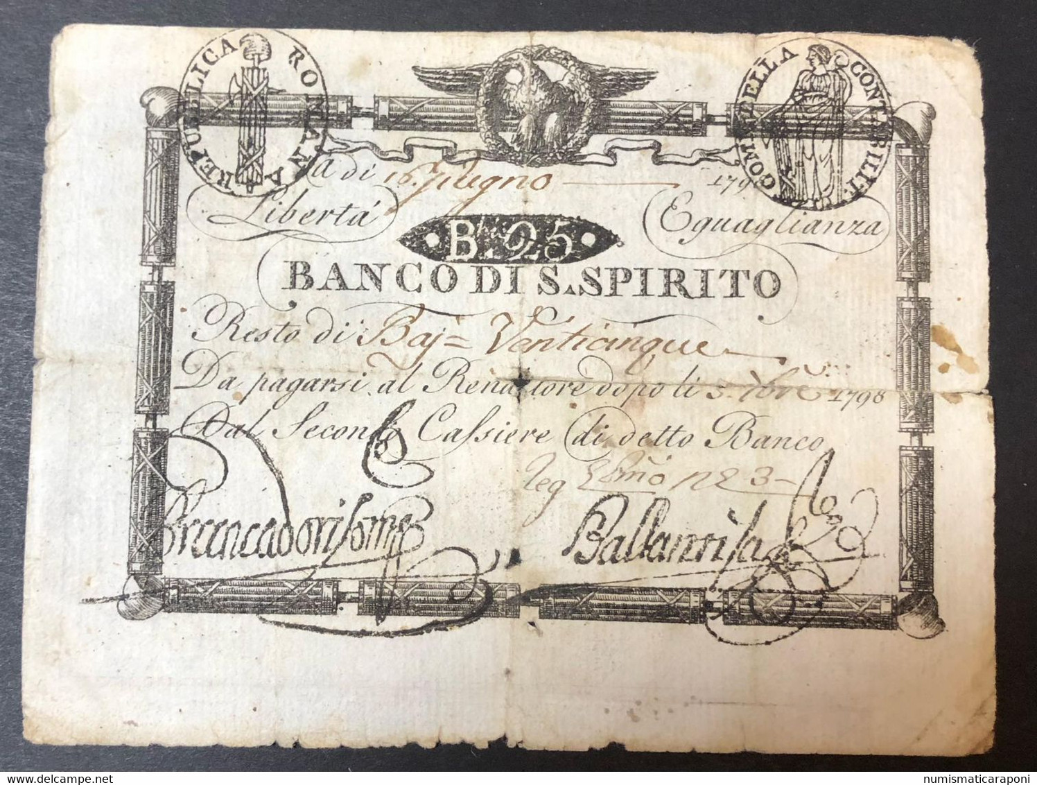 Resti Del Banco Di Santo Spirito 25 Baiocchi Baj 1798 Valore In Cifre Taglio Profondo Ma Naturale R2 Lotto.2928 - [ 9] Verzamelingen