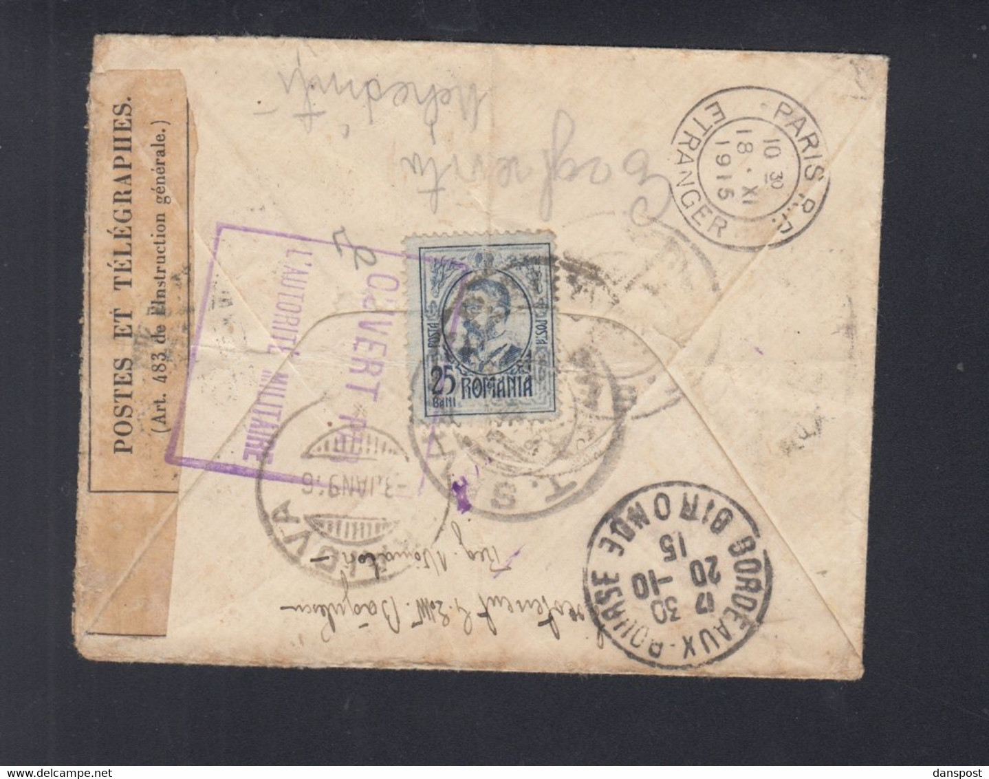 Rumänien Romania Briefkuvert 1915 Nach Frankreich Zensur Zurück - Lettres 1ère Guerre Mondiale