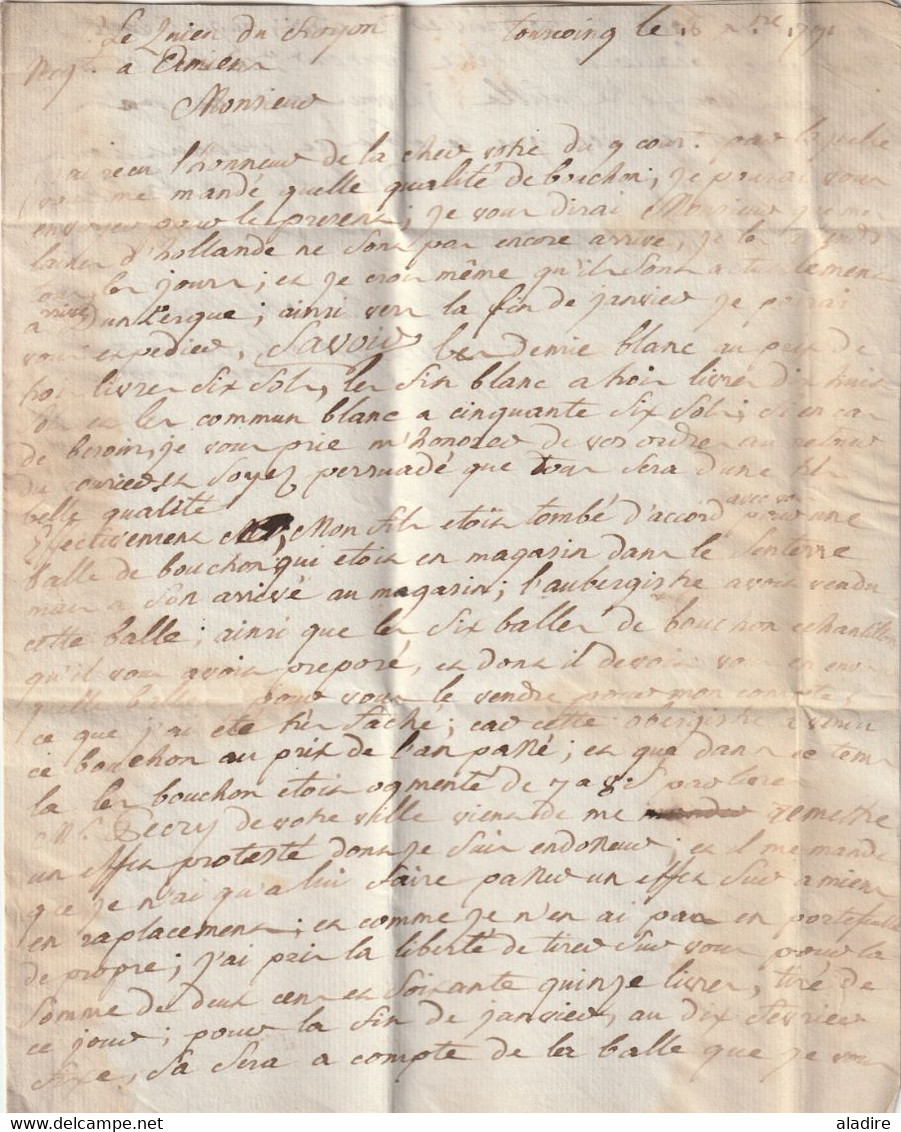 1791  - Marque Postale TURCOIN Tourcoing Sur Lettre Pliée Avec Corresp De 2 P Vers AMIENS Amien - 1701-1800: Précurseurs XVIII