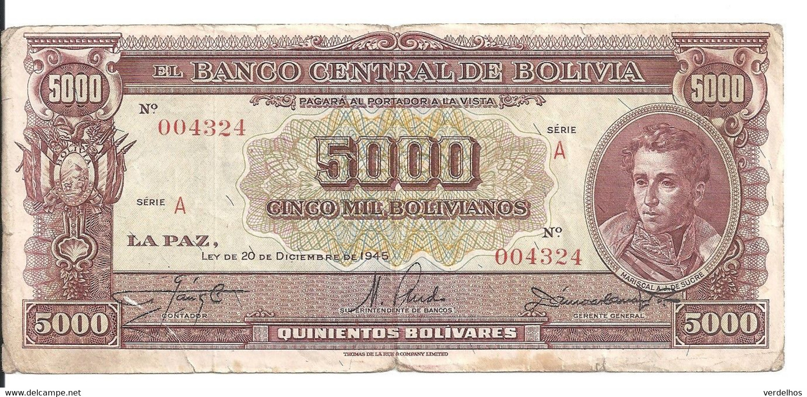 BOLIVIE 5000 BOLIVIANOS L.1945 VF P 145 - Bolivie