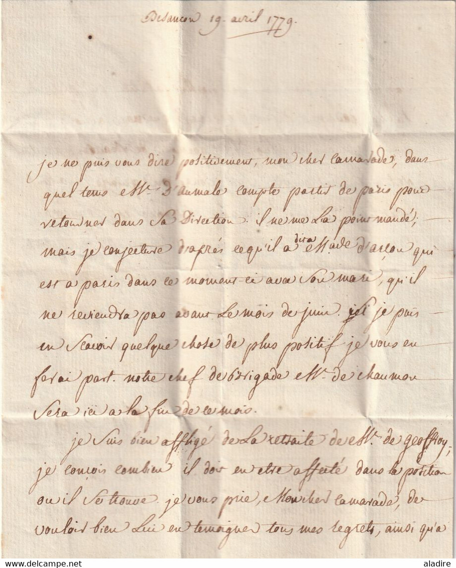 1779  - Marques Postales BESANCON & Bourgogne Manuscrite Sur Lettre Pliée De 3 P Entre Officiers Vers CHALONS Sur SAONE - 1701-1800: Précurseurs XVIII