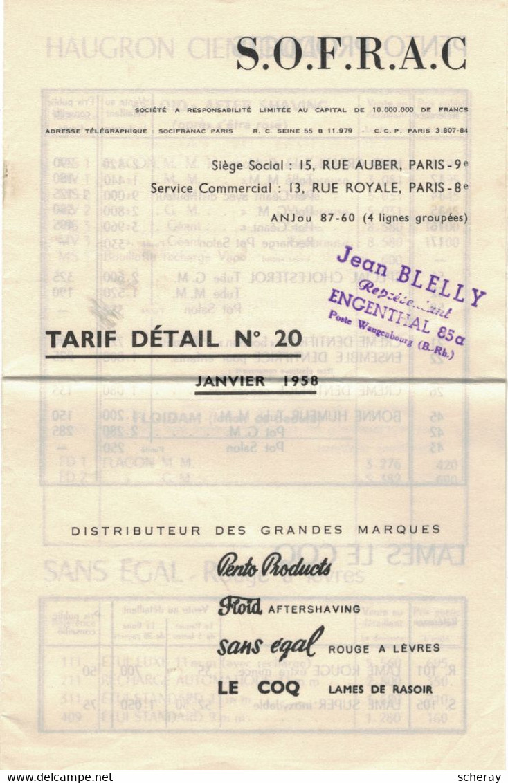 TARIF SOFRAC DISTRIBUTEUR PENTO/FLOID/ LE COQ  JANVIER 1958 (lot 153) - Droguerie & Parfumerie