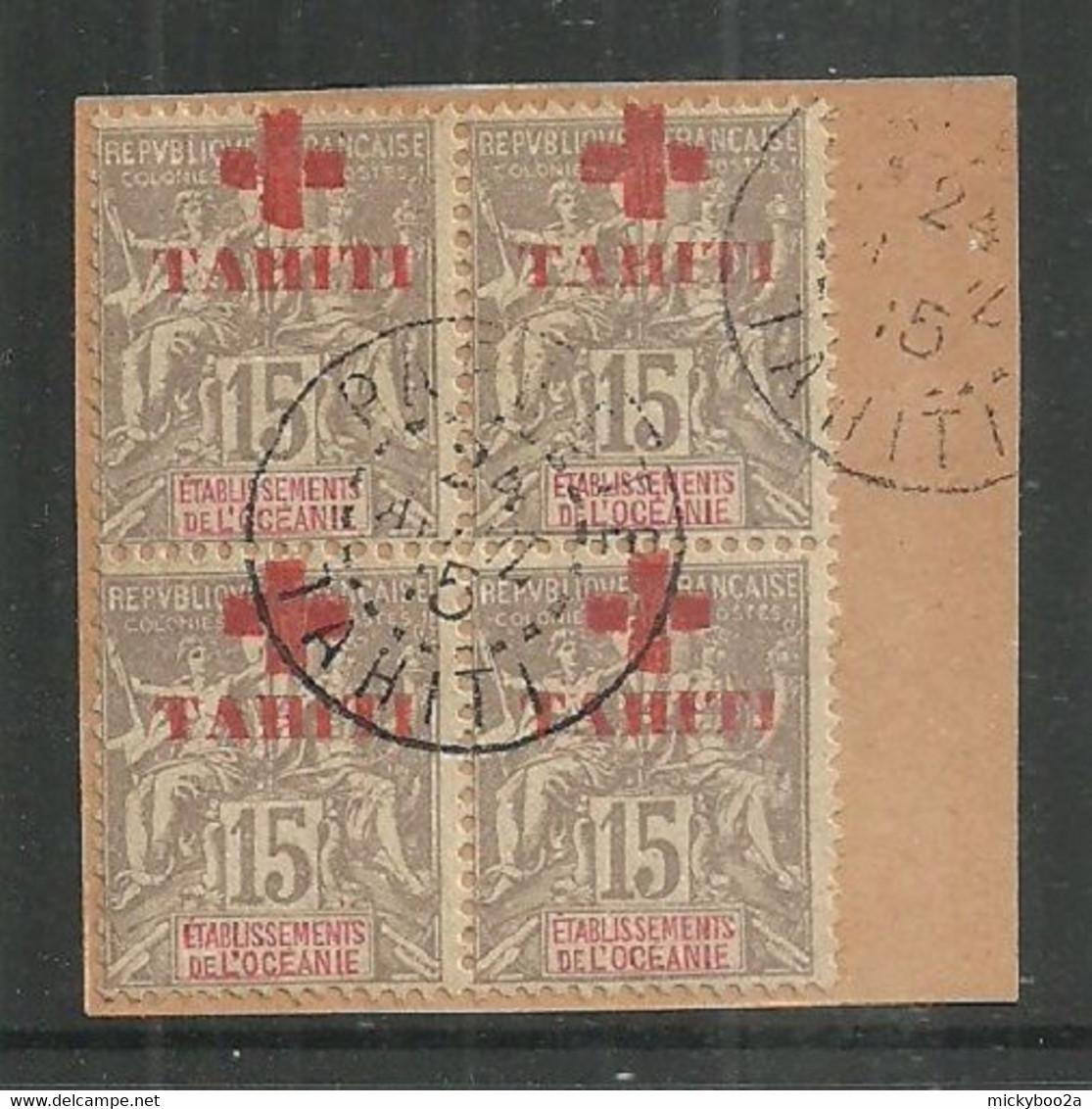 FRENCH POLYNESIA TAHITI 1915 RED CROSS ON PIECE VFU - Tahití