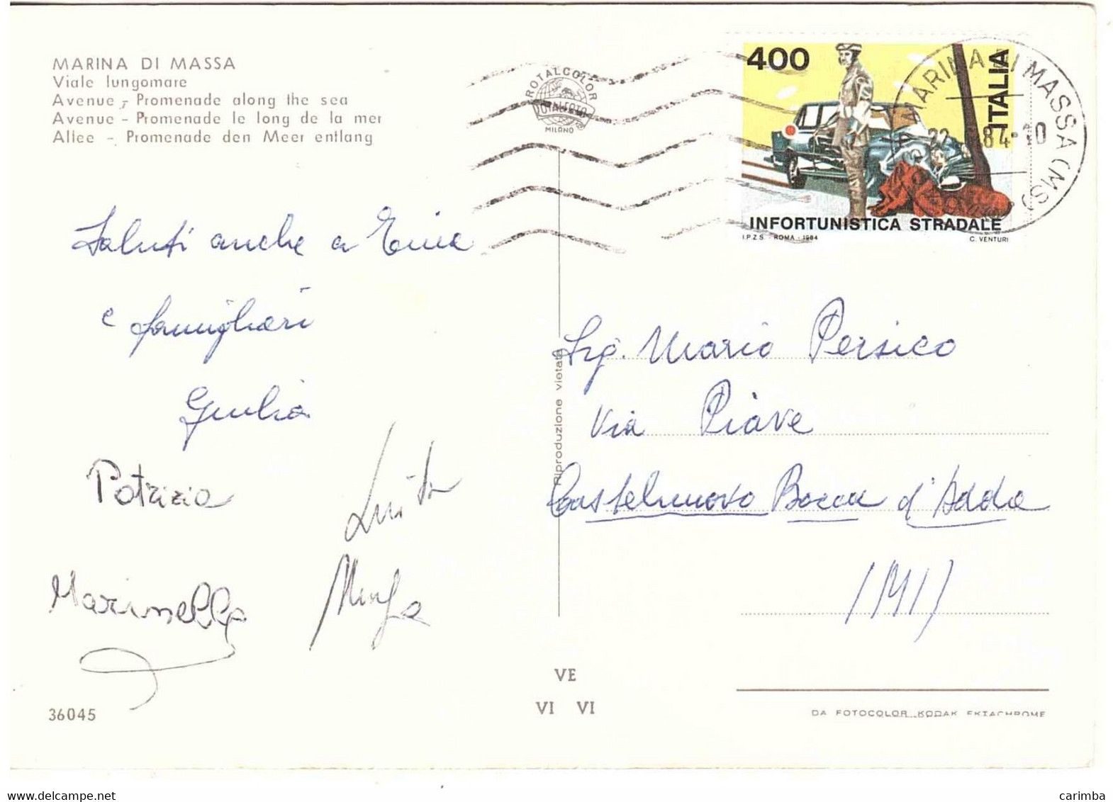 1983 £400 INFORTUNISTICA STRADALE CARTOLINA MARINA DI MASSA - 1981-90: Storia Postale