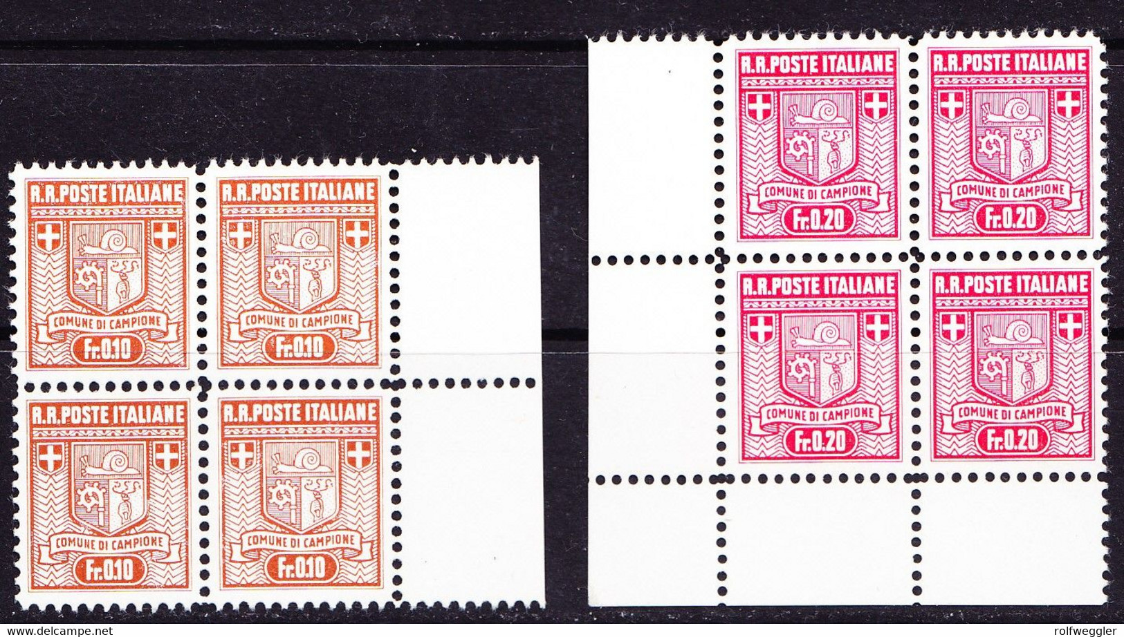 1944 Campione 10 Rp Braun Und 20 Rp Rot Postfrische 4er Blocks, Zähnung 11 1/2, Grosse Löcher - Local And Autonomous Issues