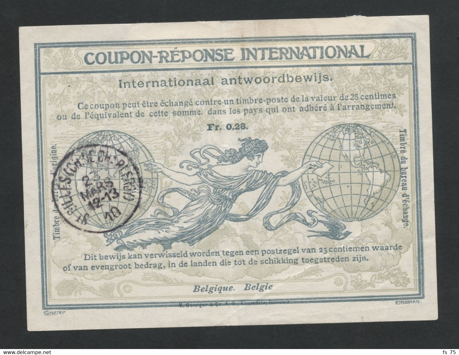 BELGIQUE - SIMPLE CERCLE SAINT GILLES (CH. DE CHARLEROY) SUR COUPON REPONSE, 1910 - Coupons-réponse Internationaux