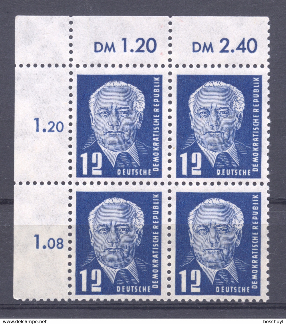 Germany, DDR, 1950, President Pieck, 12 Pf., MNH Upper Left Corner Block Of Four, Michel 251 - Neufs