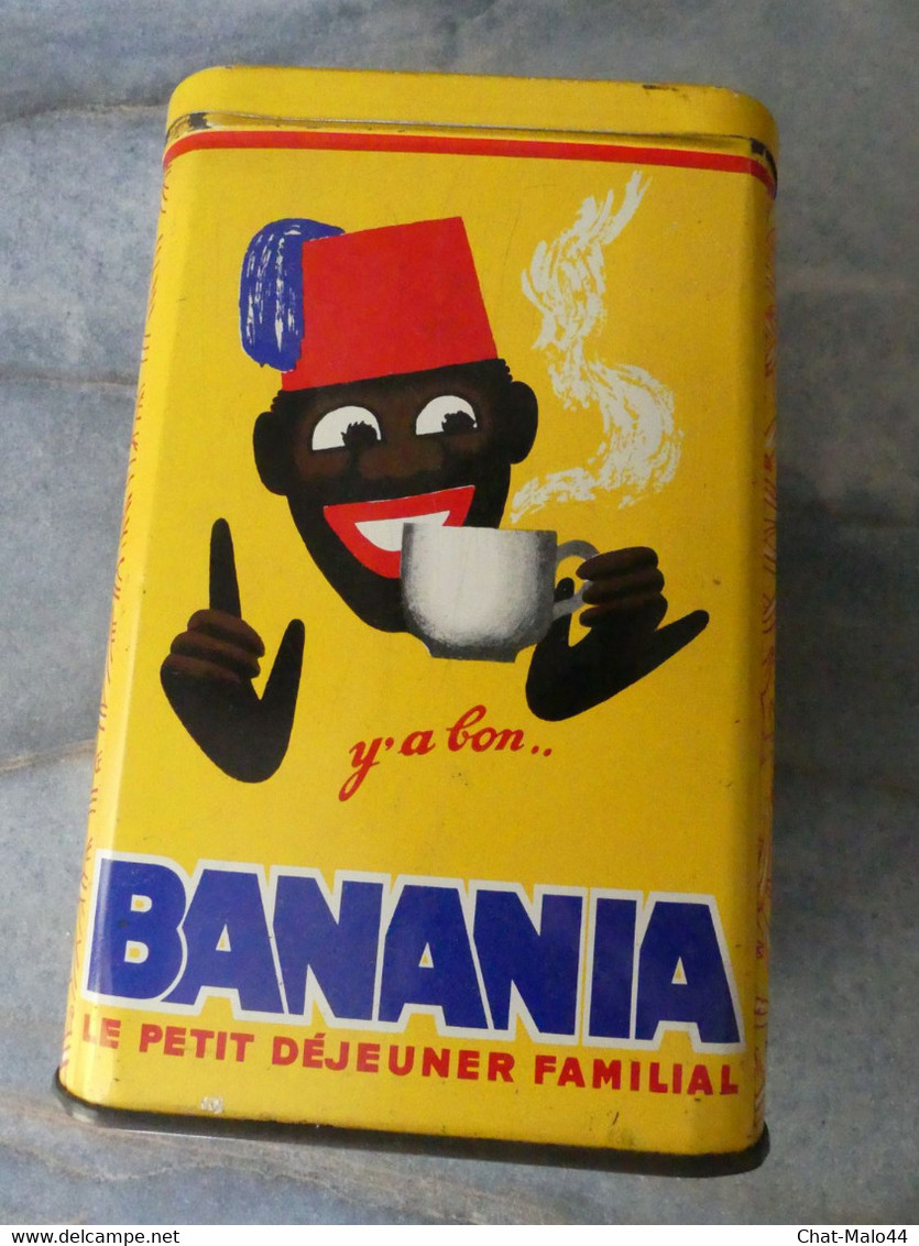 Y'a Bon Banania. Le Petit Déjeuner Familial. Chicorée. Ancienne Boite En Métal Décor Du Tirailleur Sénégalais Fond Jaune - Boîtes