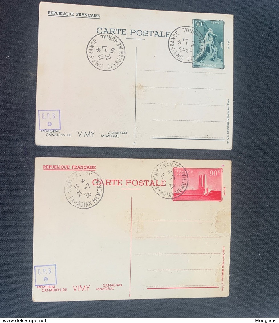 France PAP VIMY 2 Cartes Postales 26/07/1936 Canadian Memorial Oblitérée Vimy - Konvolute: Ganzsachen & PAP