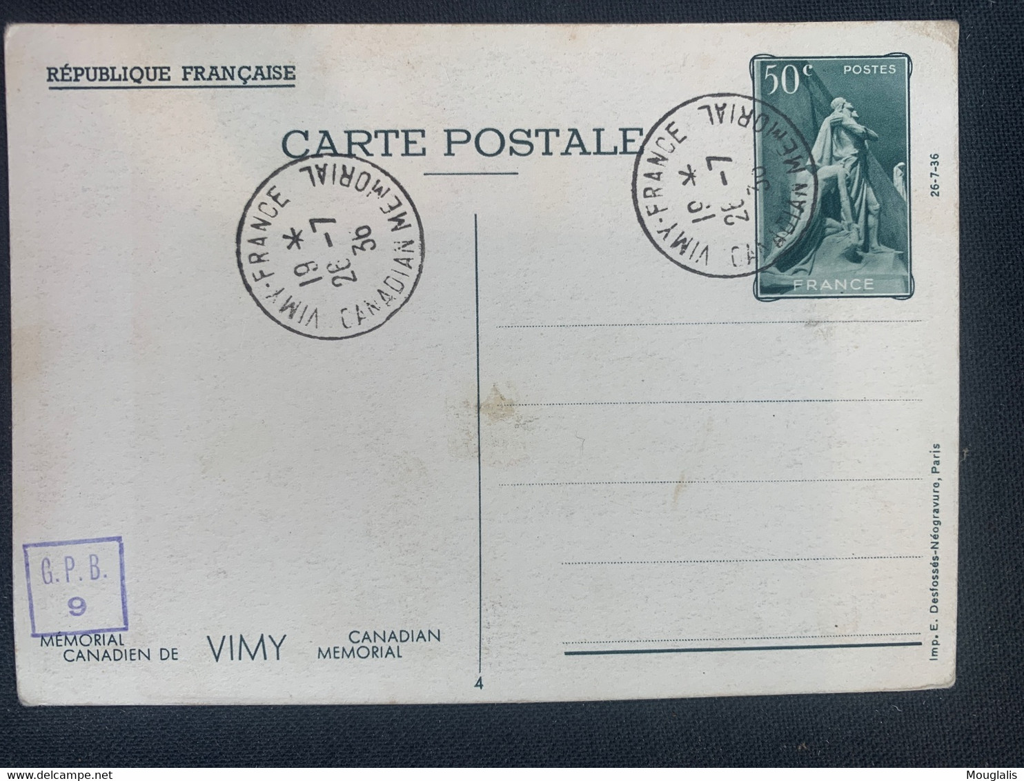 France PAP VIMY 2 Cartes Postales 26/07/1936 Canadian Memorial Oblitérée Vimy - Lots Et Collections : Entiers Et PAP