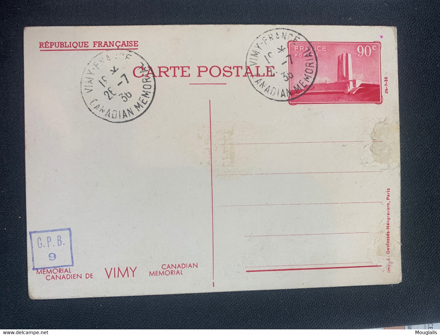 France PAP VIMY 2 Cartes Postales 26/07/1936 Canadian Memorial Oblitérée Vimy - Collections & Lots: Stationery & PAP