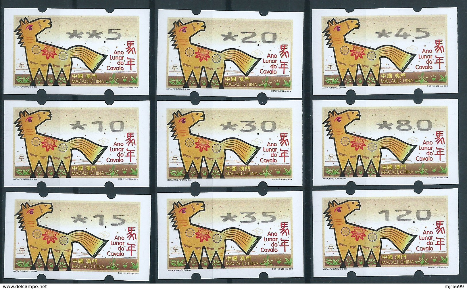 MACAU 2014 ZODIAC YEAR OF THE HORSE ATM LABELS COMPLETE SET OF 9, NAGLER 104 - Automaten
