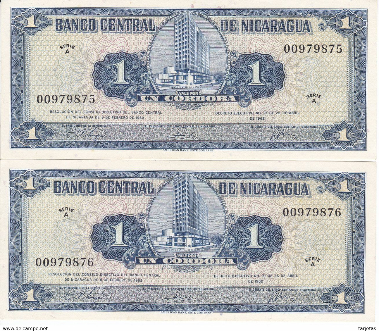 PAREJA CORRELATIVA DE NICARAGUA DE 1 CORDOBA DEL AÑO 1962 EN CALIDAD EBC (XF) (BANK NOTE) - Nicaragua