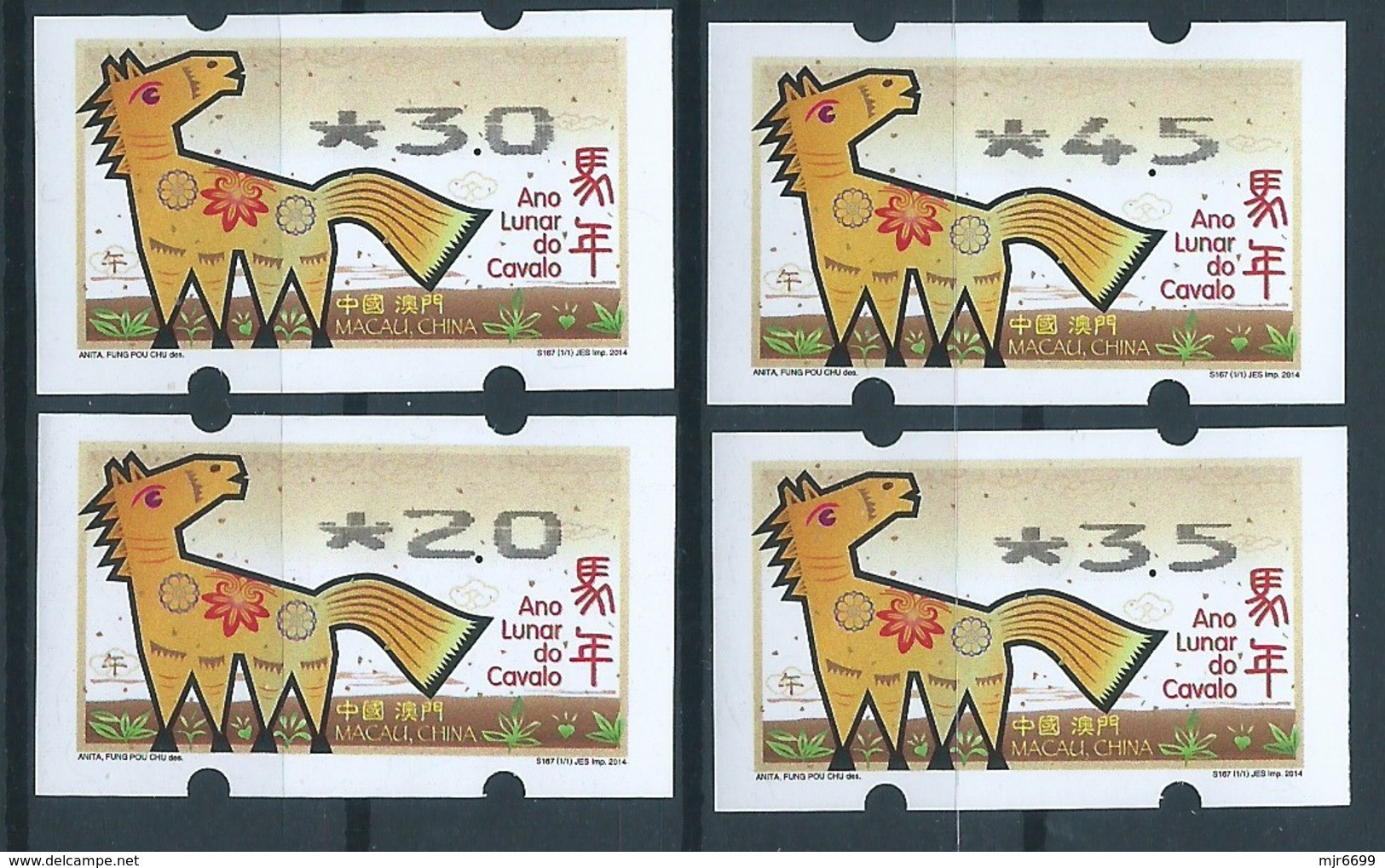 MACAU 2014 ZODIAC YEAR OF THE HORSE ATM LABELS COMPLETE BOTTOM SET, NAGLER - Automatenmarken