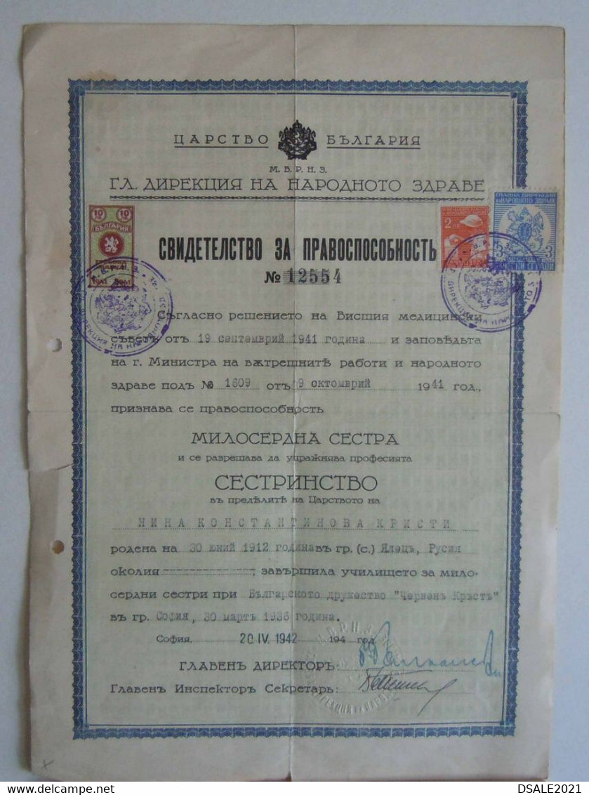 Bulgaria Kingdom Bulgarie 1942-ww2 Certificate For Nurse-Merciful Sister Red Cross W/Fiscal Revenue Stamps (ds579) - Francobolli Di Servizio