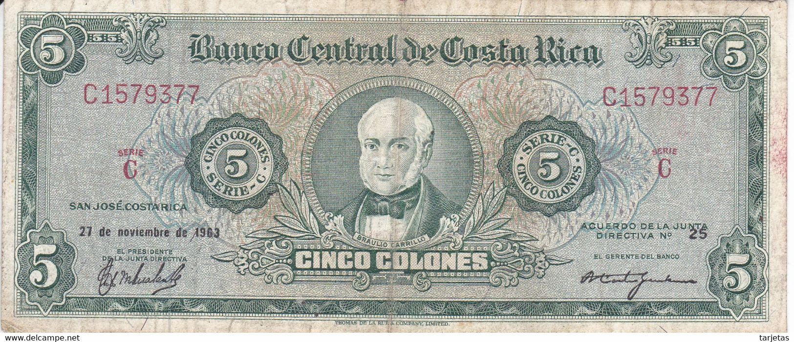 BILLETE DE COSTA RICA DE 5 COLONES AÑO 1963  (BANKNOTE) - Costa Rica