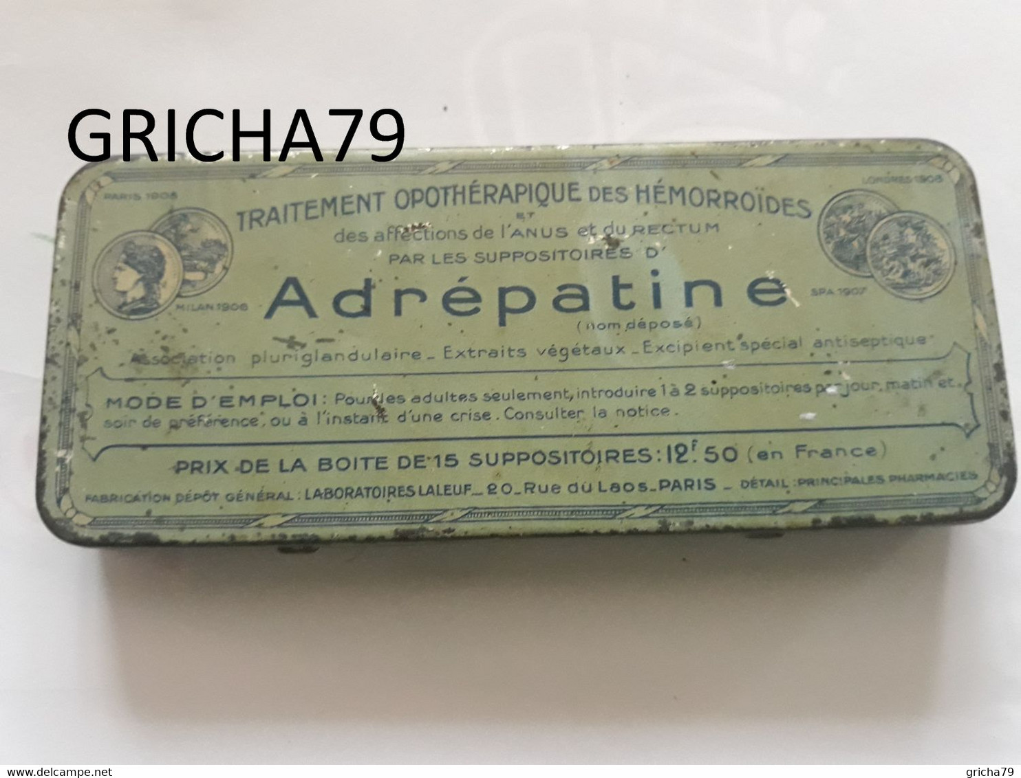 MEDECINE - BOITE METALLIQUE - ADREPATINE - TRAITEMENT OPOTHERAPIQUE DES HEMORROIDES - LABORATOIRES LALEUF PARIS - Equipo Dental Y Médica